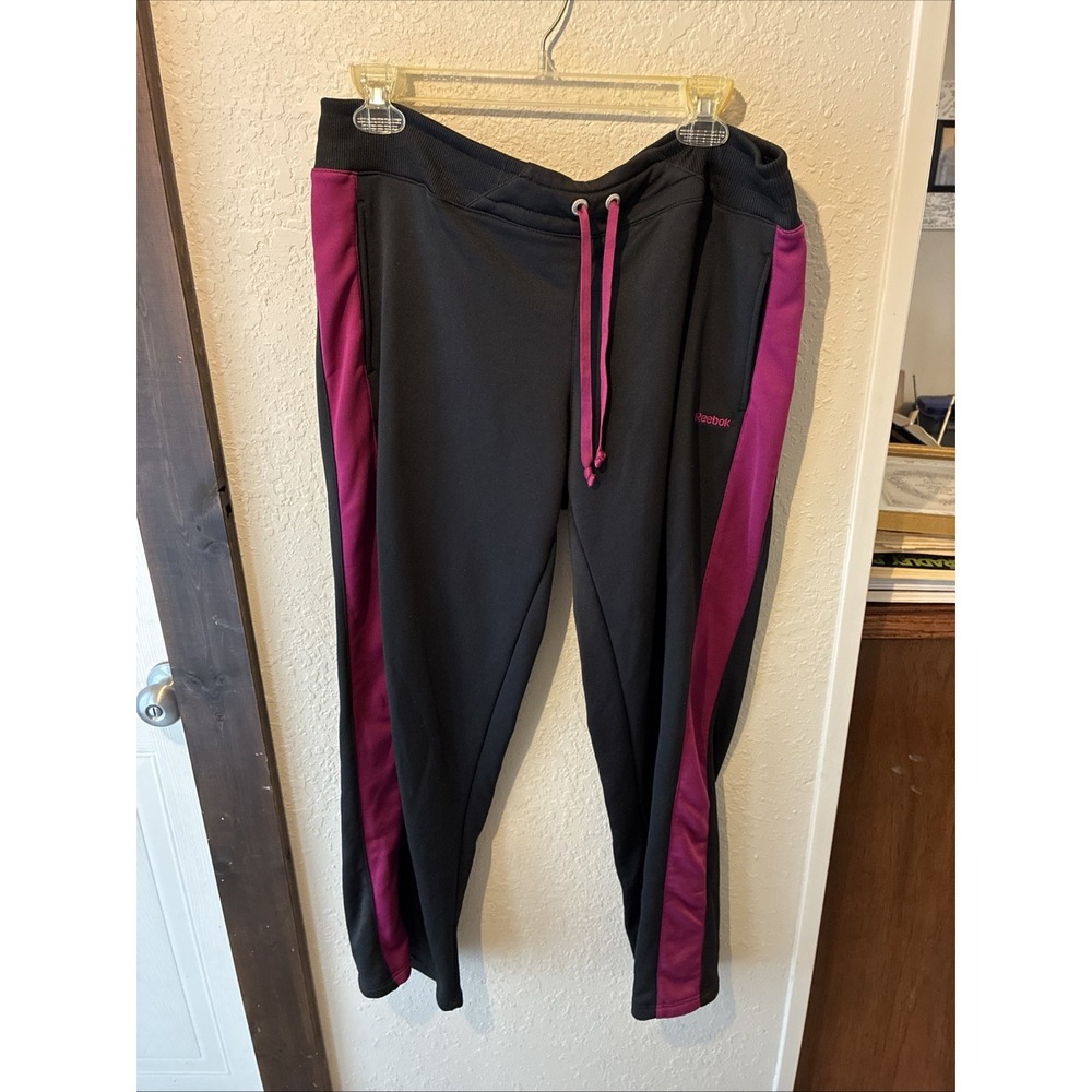 vtg Women's Reebok sweat pants large black purple trim pockets Polyester